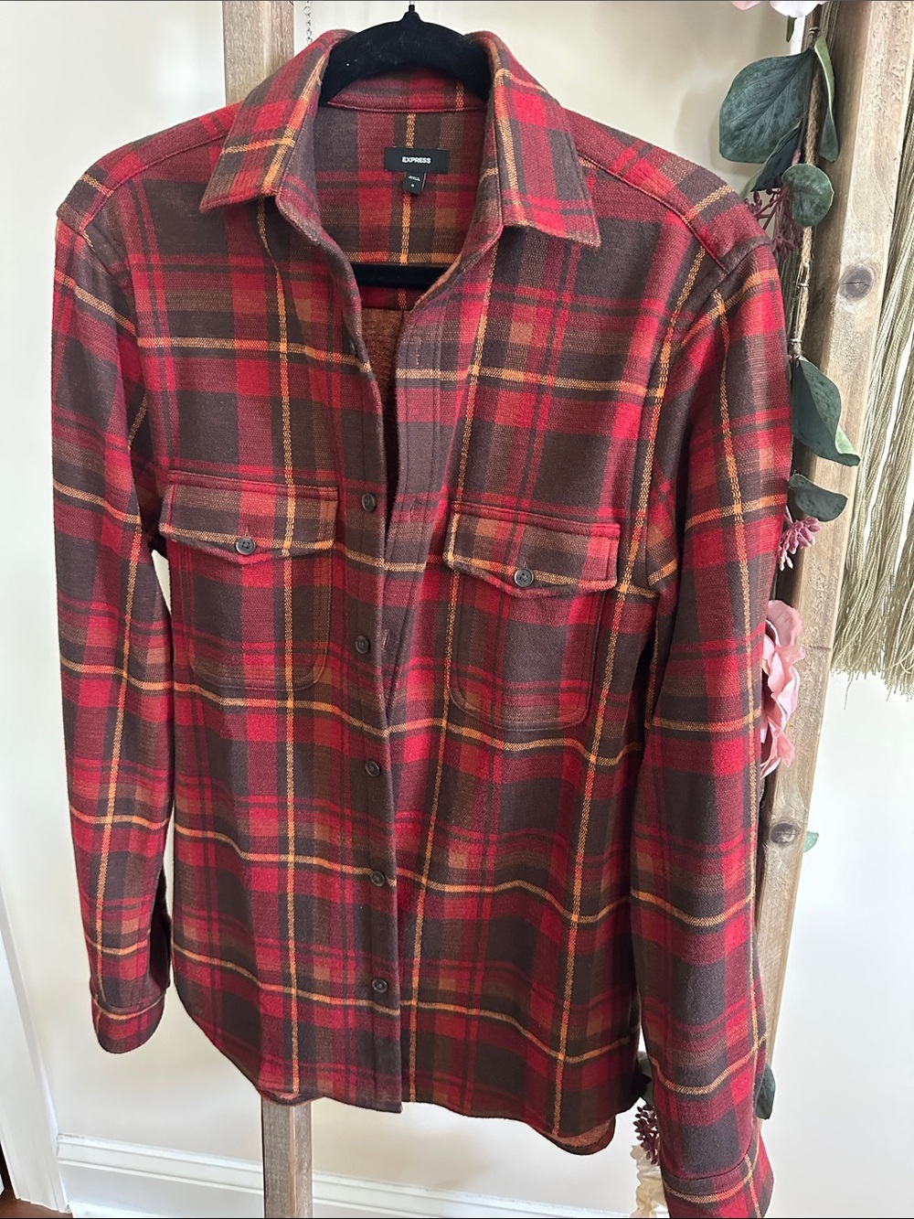 Express Red, Brown & Yellow Plaid Button-Front Shirt